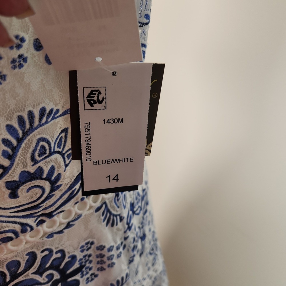 Taylor Blue White Floral Lace V-Neck Midi Dress Sleeveless Size 14 1430M Cottage - Picture 6 of 11